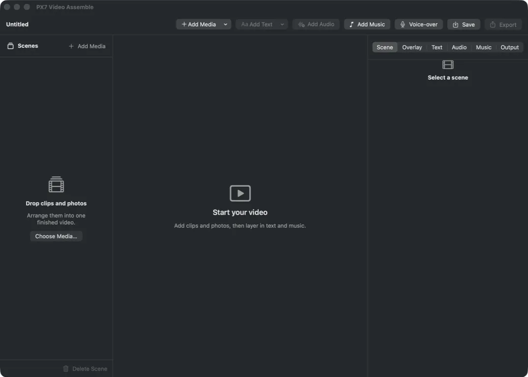 PX7 Video Assemble with controls for adding media, text, audio, music and voice-over around an empty project canvas