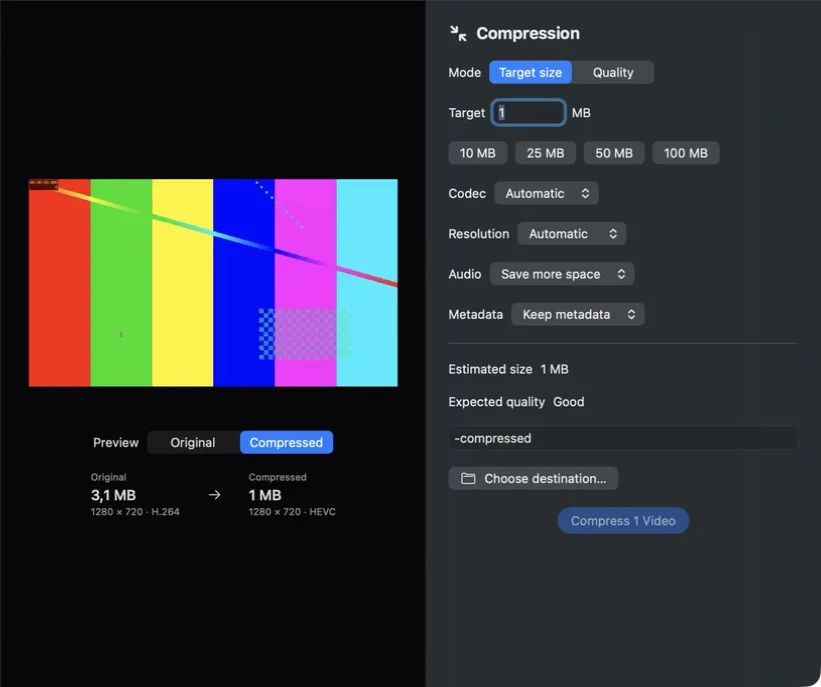 PX7 Video Compress comparing a 3.1 MB original with a 1 MB target and showing codec, resolution, audio, metadata and expected quality controls